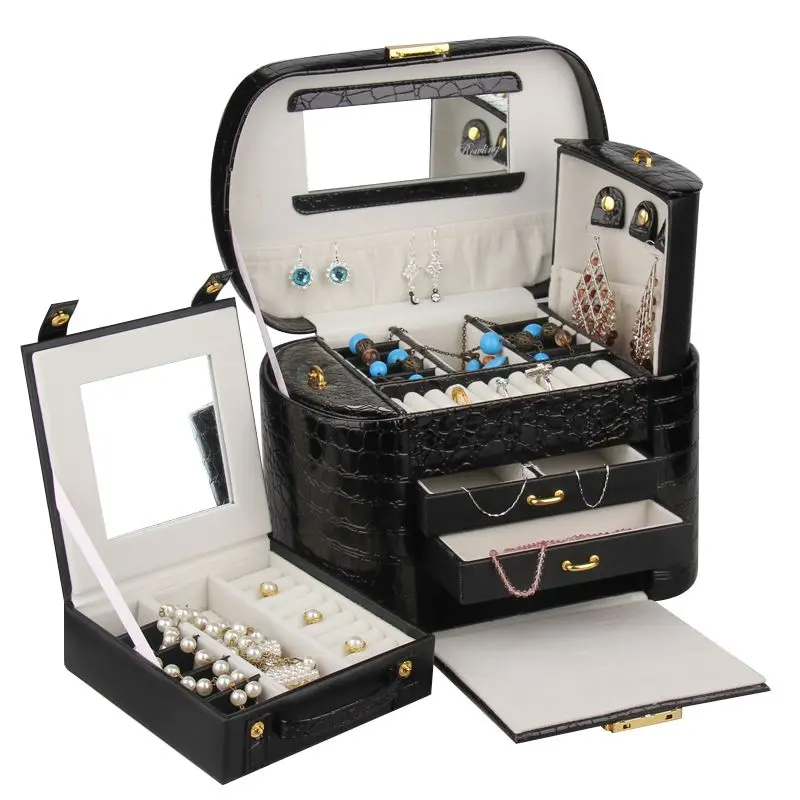 Oval croc-effect faux leather jewelry box with travel case and drawer | ZG152