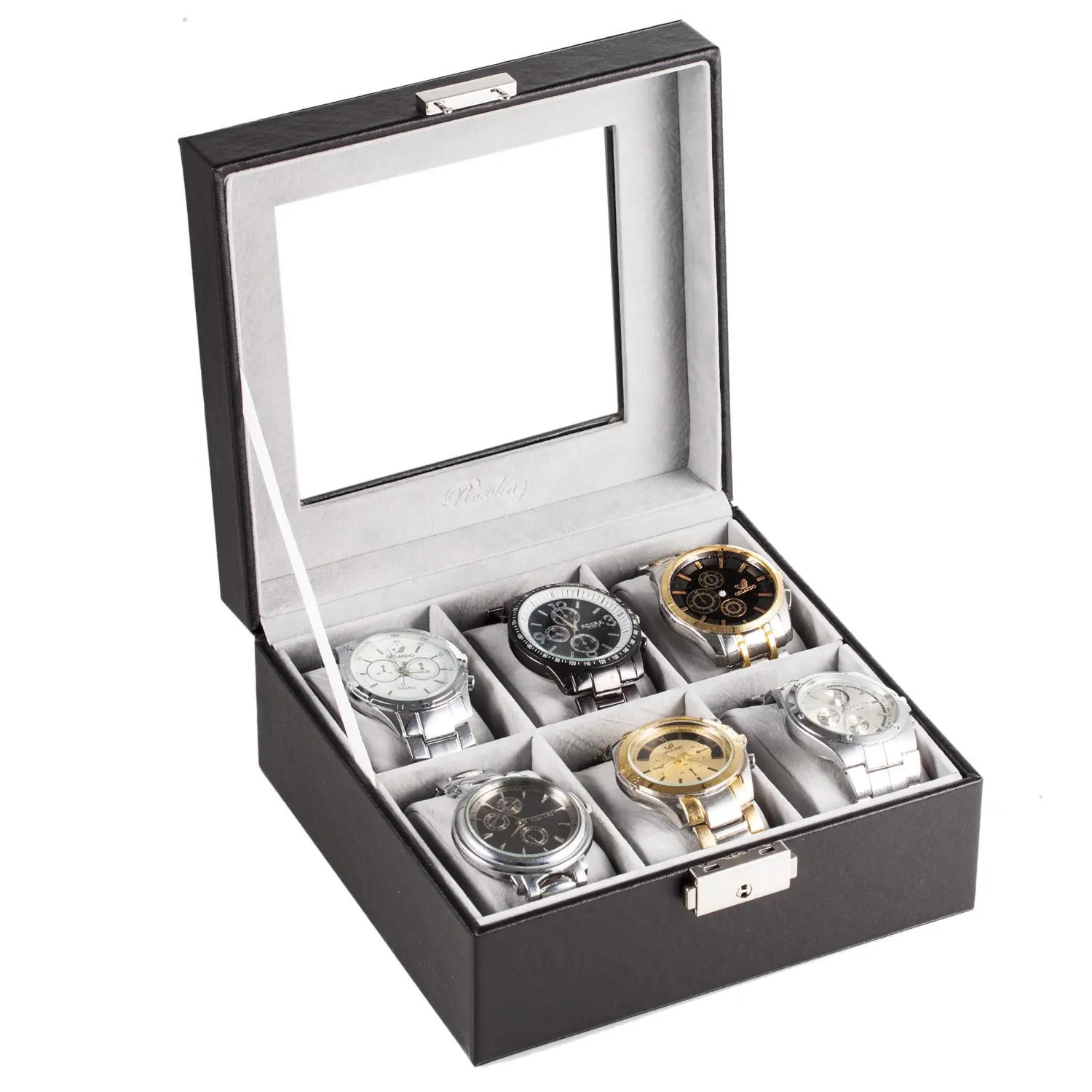 Square shaped 6 Slots PU watch box with window for men | BG021