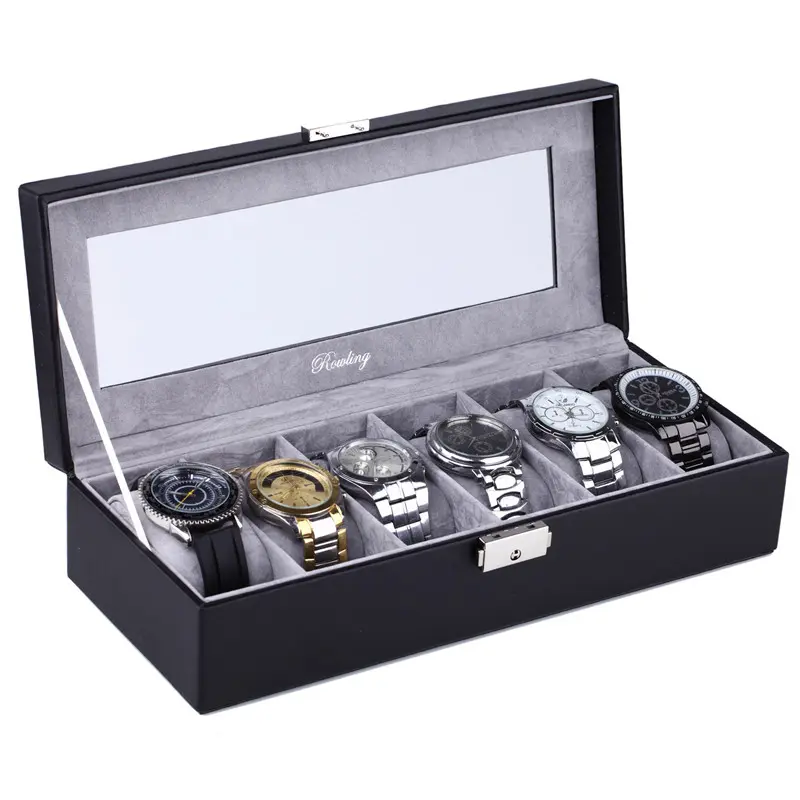 Men’s Rectangle 6 Slots leather watch box with glass window | BG022