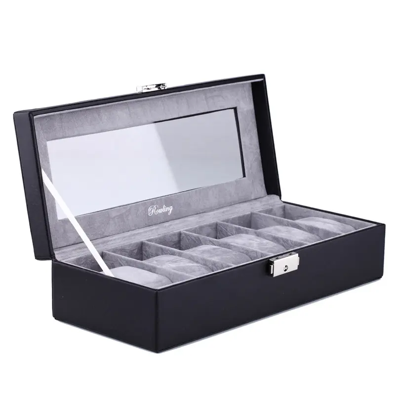 Men’s Rectangle 6 Slots leather watch box with glass window | BG022