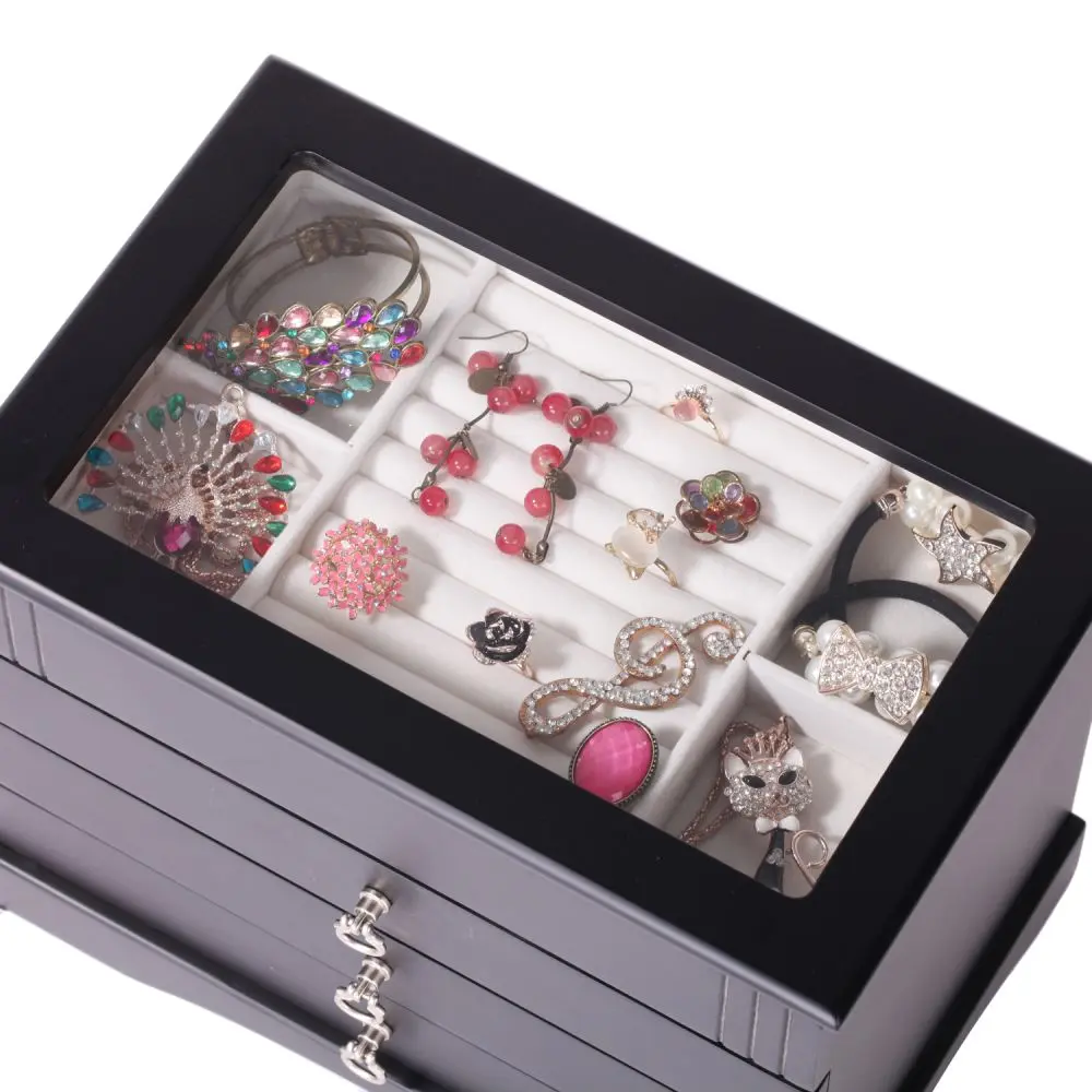 Handcrafted Wooden Jewelry Box with Glass Lid & Three Drawers | MG01