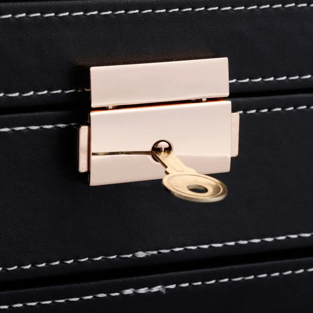 2 layer Black faux leather Men’s fashion jewelry box with 6 Slots watch with key | BG052