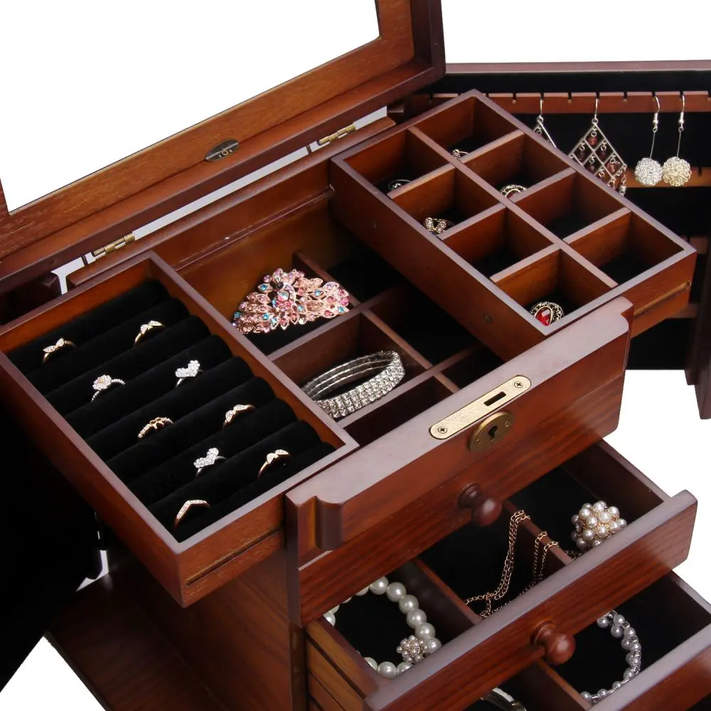 Large Wooden Jewelry Organizer with 3 Drawers and Side Doors | MG02