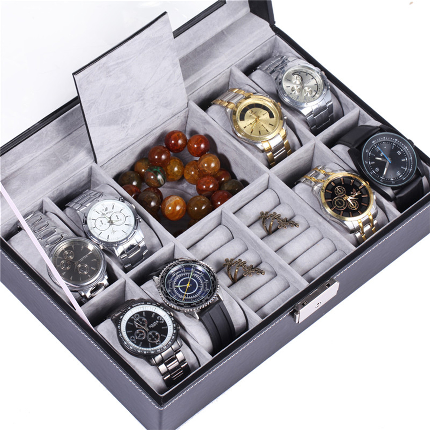 2 layer Black faux leather Men’s fashion jewelry box with 6 Slots watch with key | BG053
