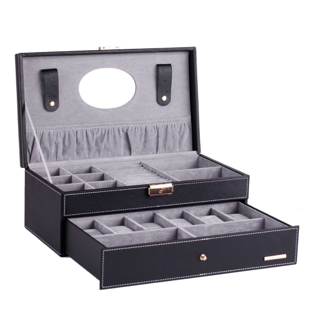 2 layer Black faux leather Men’s fashion jewelry box with 6 Slots watch with key | BG052