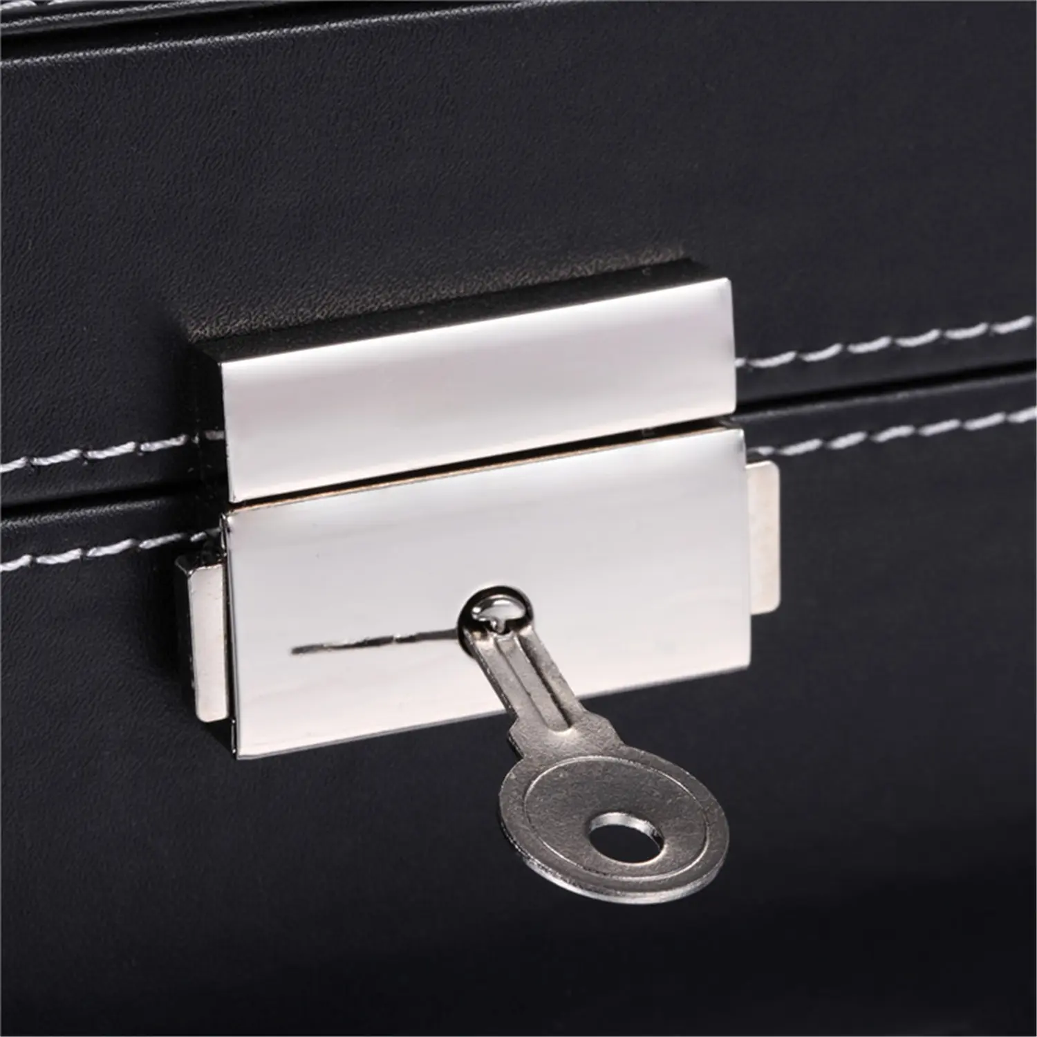 2 layer Black faux leather Men’s fashion jewelry box with 6 Slots watch with key | BG053