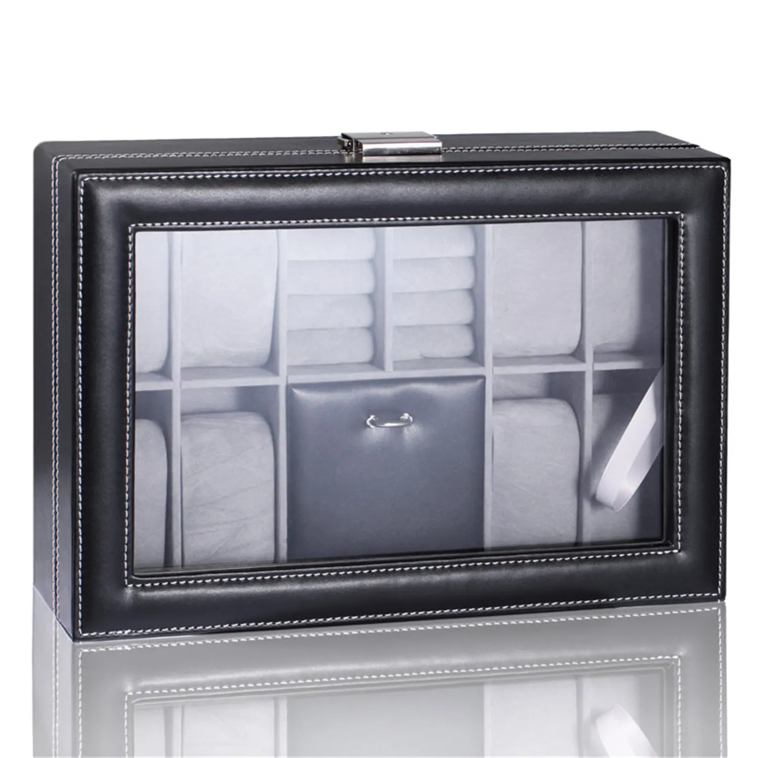 2 layer Black faux leather Men’s fashion jewelry box with 6 Slots watch with key | BG053