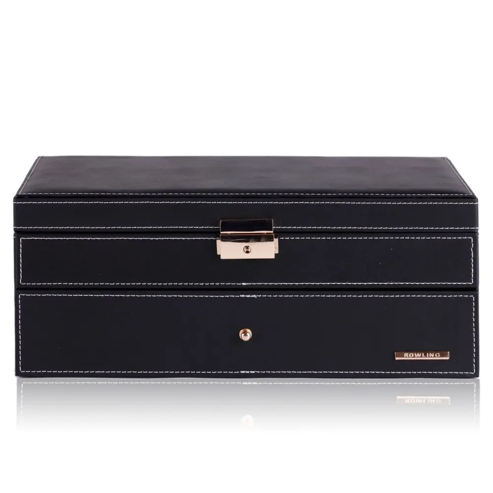 2 layer Black faux leather Men’s fashion jewelry box with 6 Slots watch with key | BG052