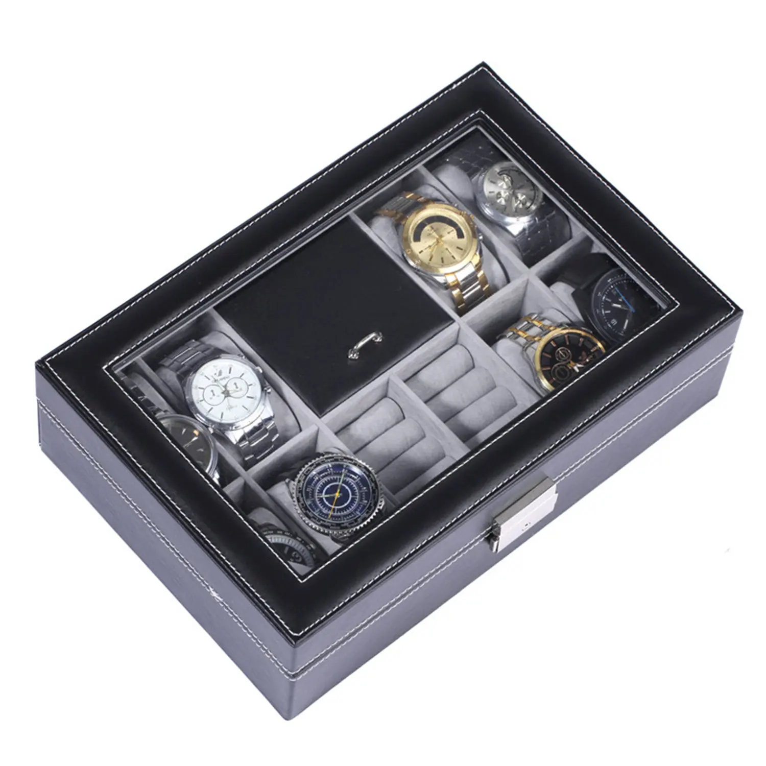 2 layer Black faux leather Men’s fashion jewelry box with 6 Slots watch with key | BG053