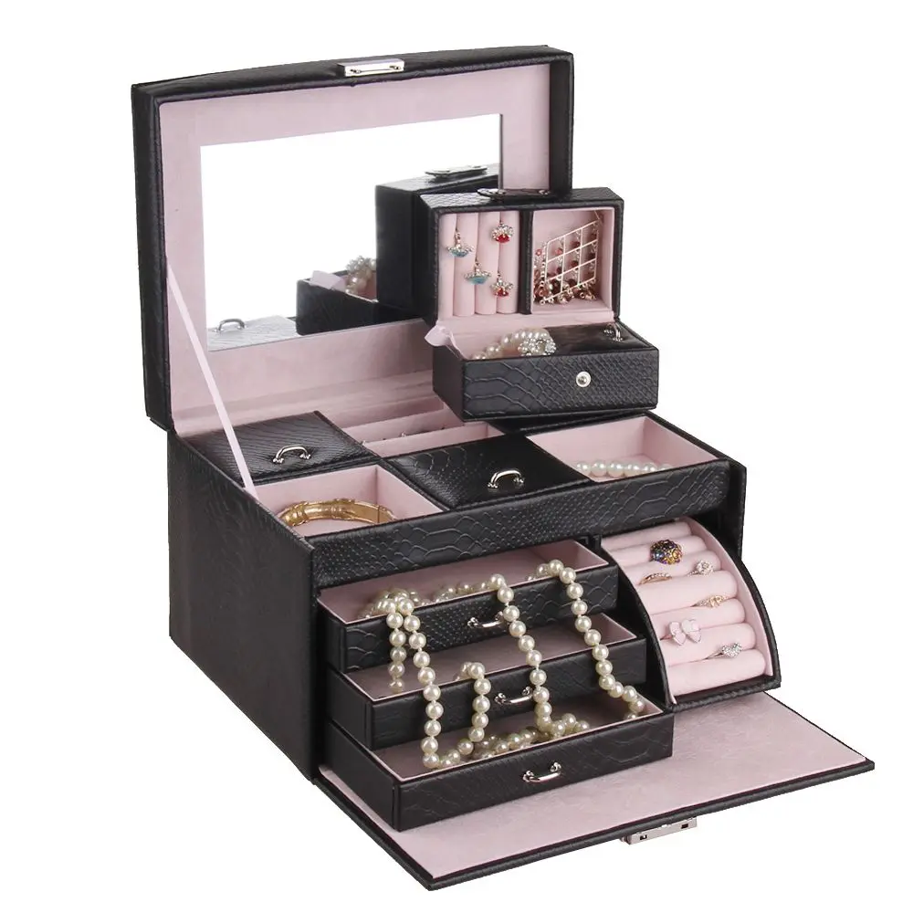 Stylish arched faux leather jewelry box with portable interior pocket | ZG150