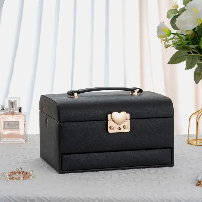 Faux Leather Auto-Open Jewelry Box with Heart Lock Clasp | ZG252