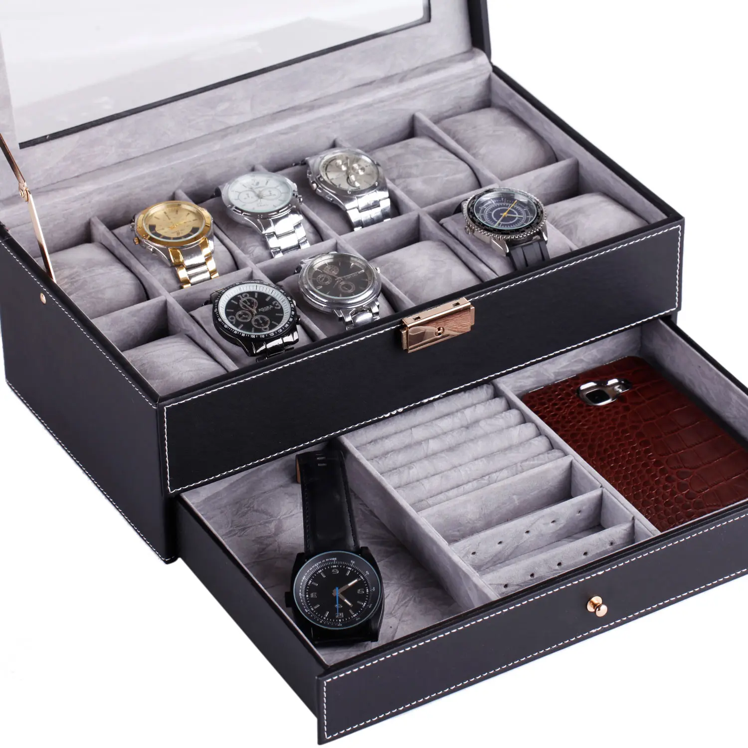 Double layer Black artificial leather Men’s Luxury 12 Slots watch box and jewelry storage box with window | BG051