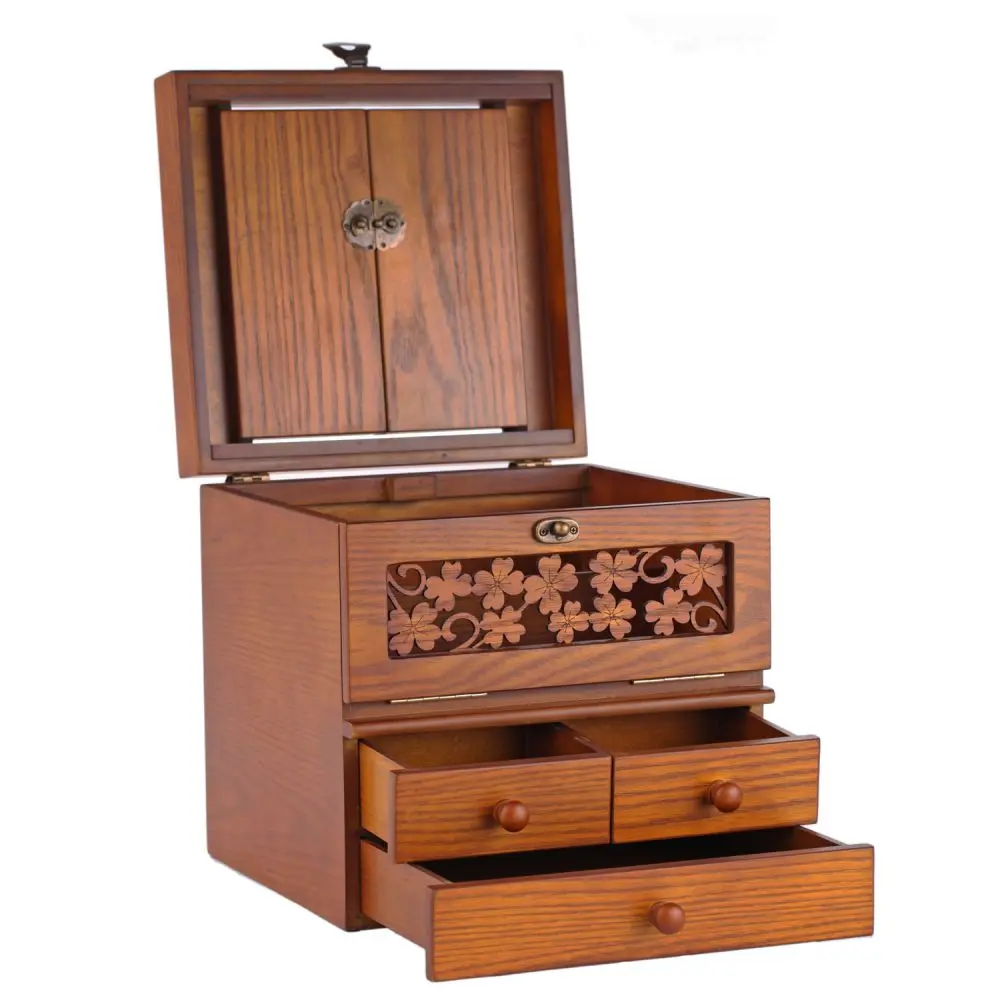 Vintage Carved Wooden Jewelry Box with Wood Handles | MG03